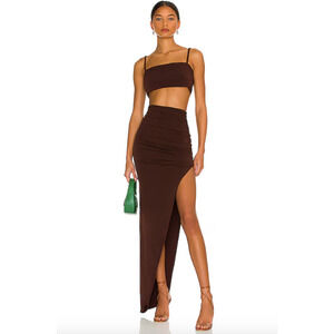 Nookie Aria Skirt XS High Waisted Ruched Slit Asymmetric Brown Jersey Revolve